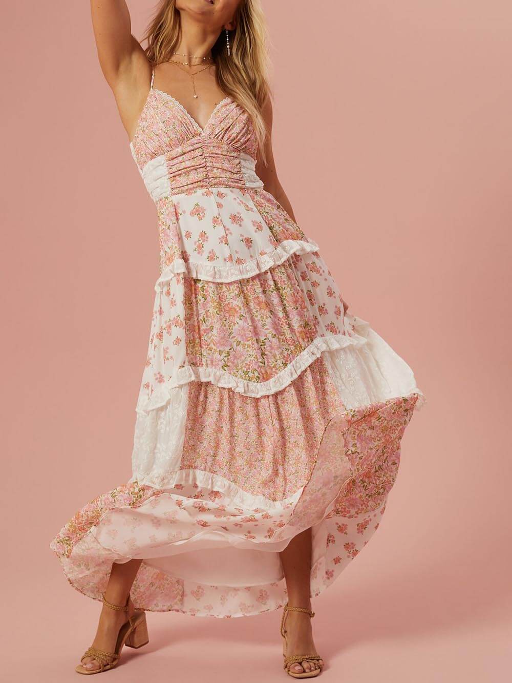 Robe longue patchwork à imprimé floral rétro