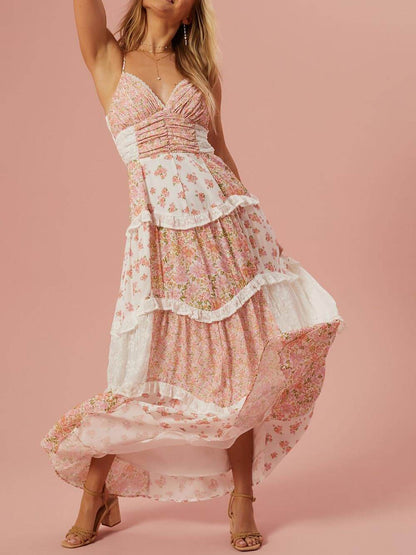 Robe longue patchwork à imprimé floral rétro