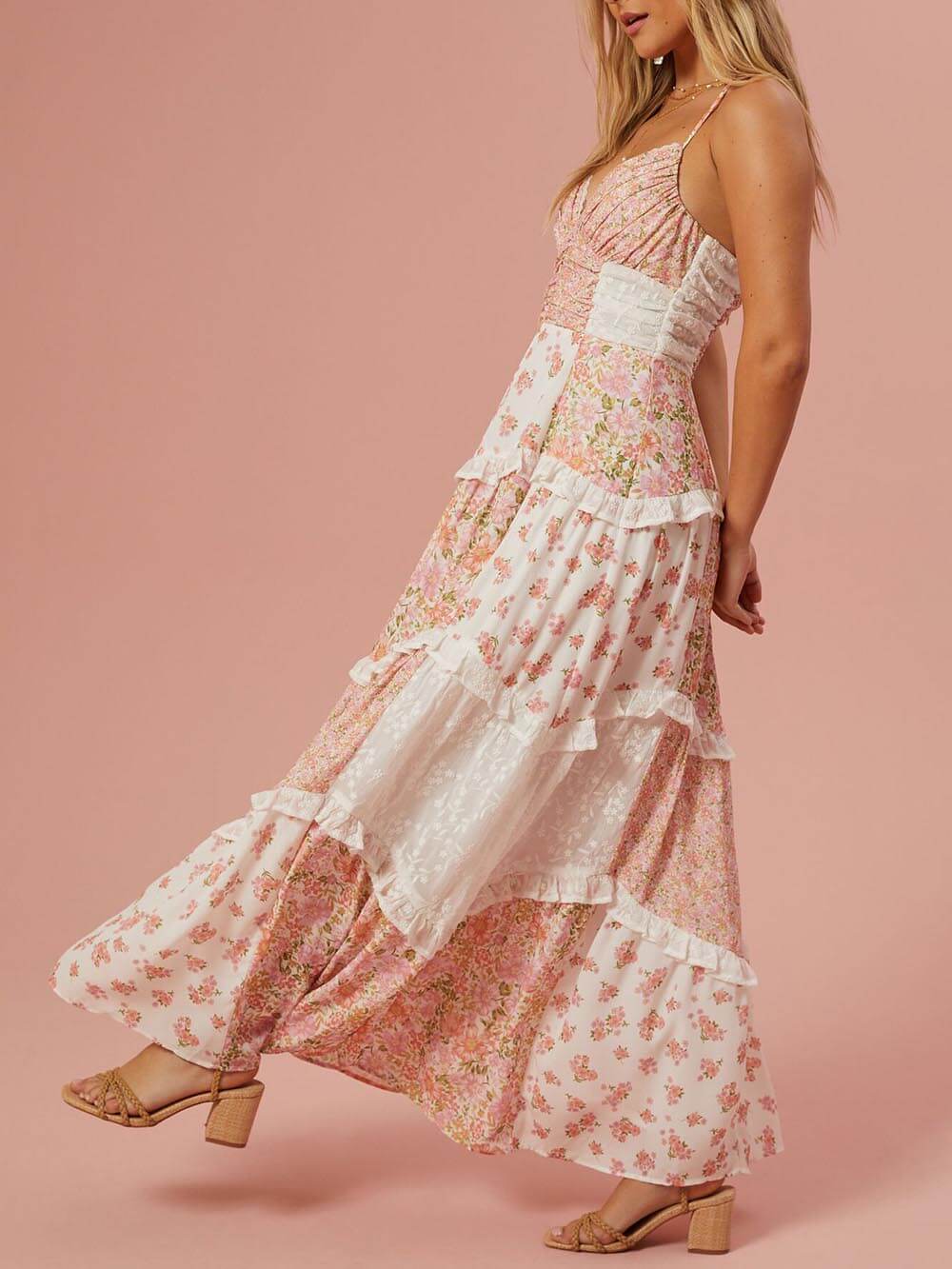 Robe longue patchwork à imprimé floral rétro