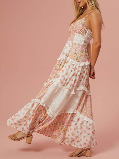 Robe longue patchwork à imprimé floral rétro