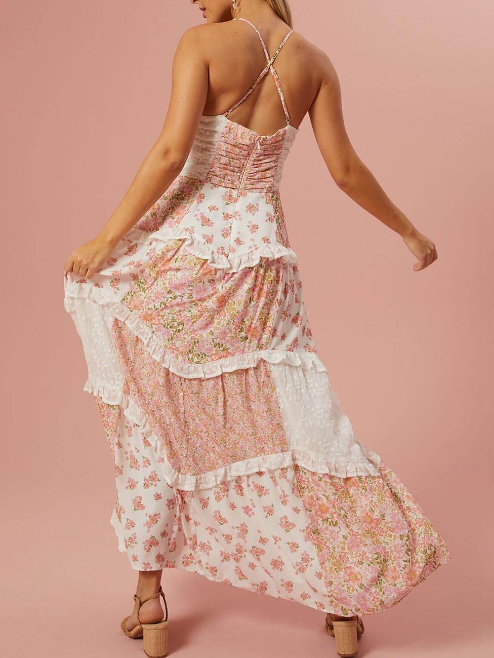 Robe longue patchwork à imprimé floral rétro