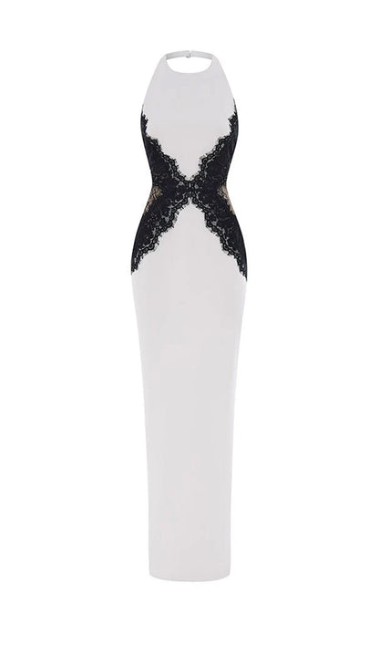 Open Back Maxi Dress In Crepe & Lace
